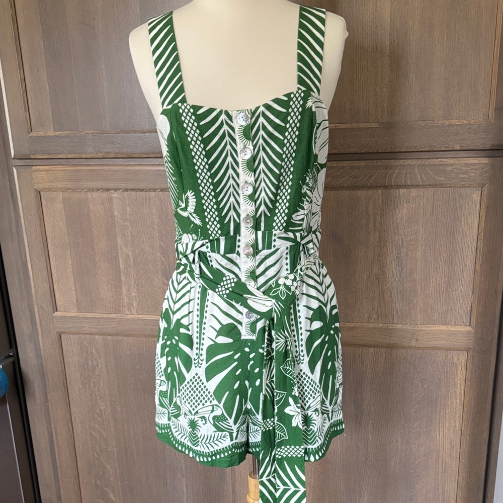 FARM Rio Green and White Tropical Print Shorts Romper